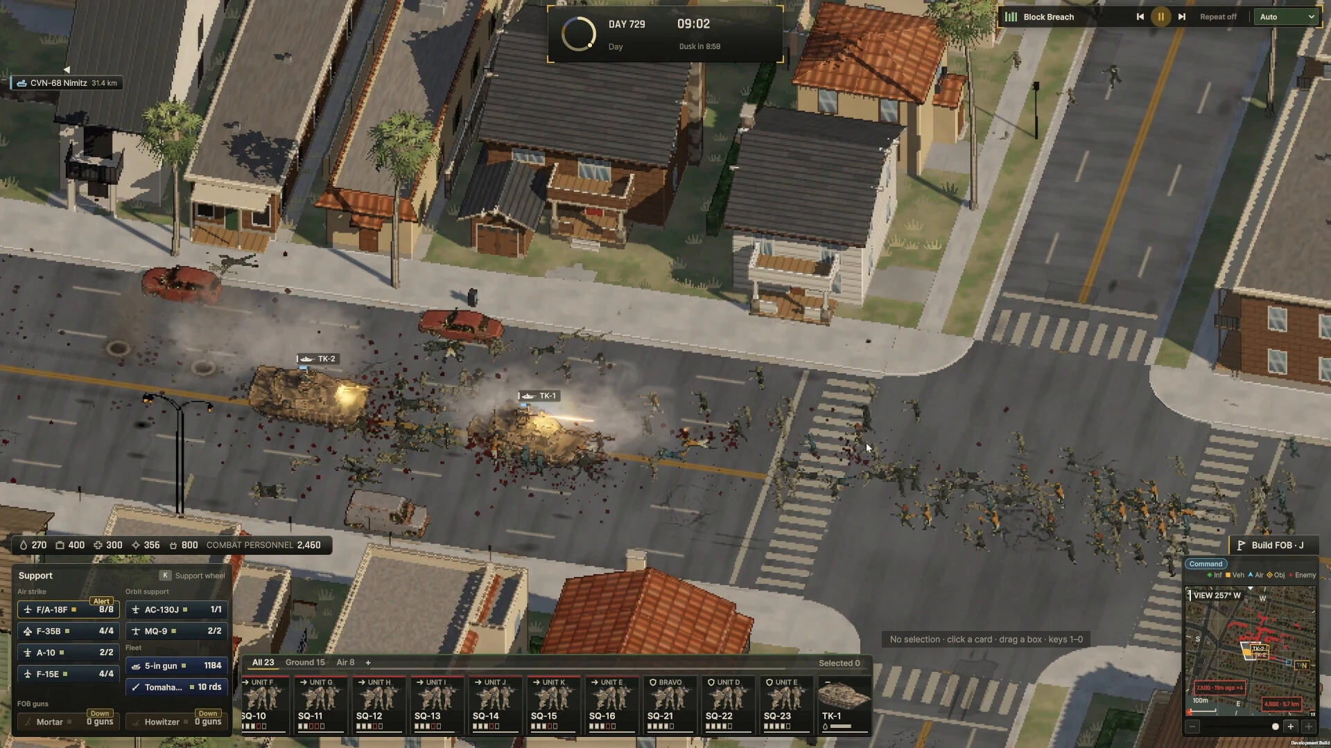 Official Ebbtide screenshot showing tanks fighting zombie hordes on a city street